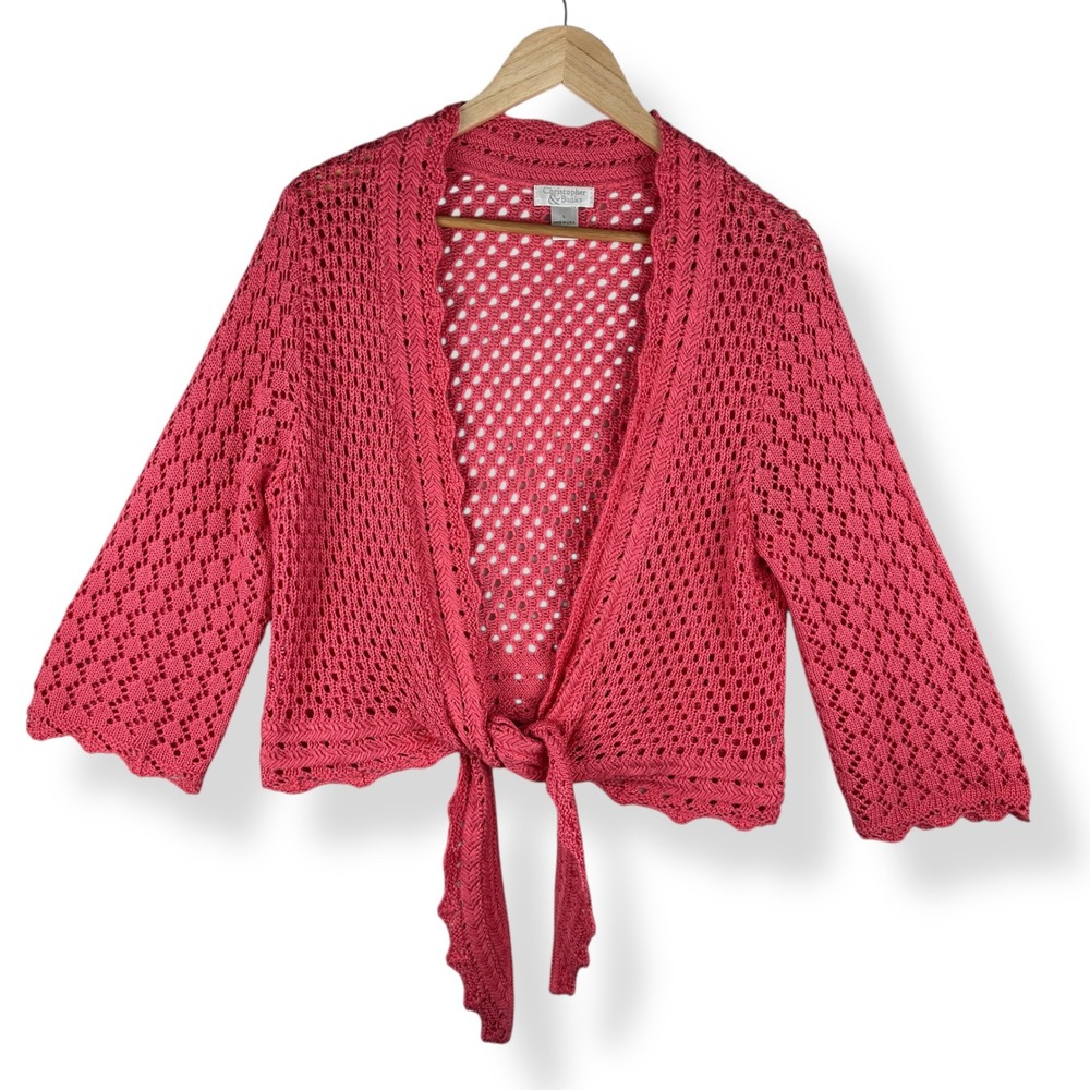 Y2K Pink‎ Crochet Cardigan Womens Size Large Open Knit Coquette Sweater Boho Top